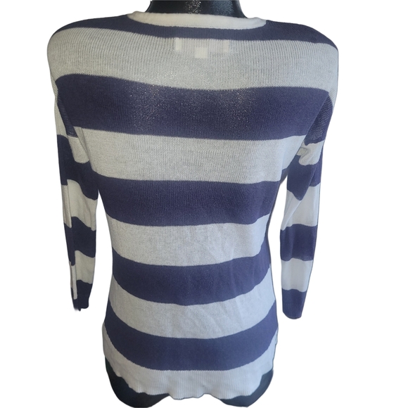 LOFT Navy and White Linen Blend V Neck Knit Top S - Picture 5 of 6